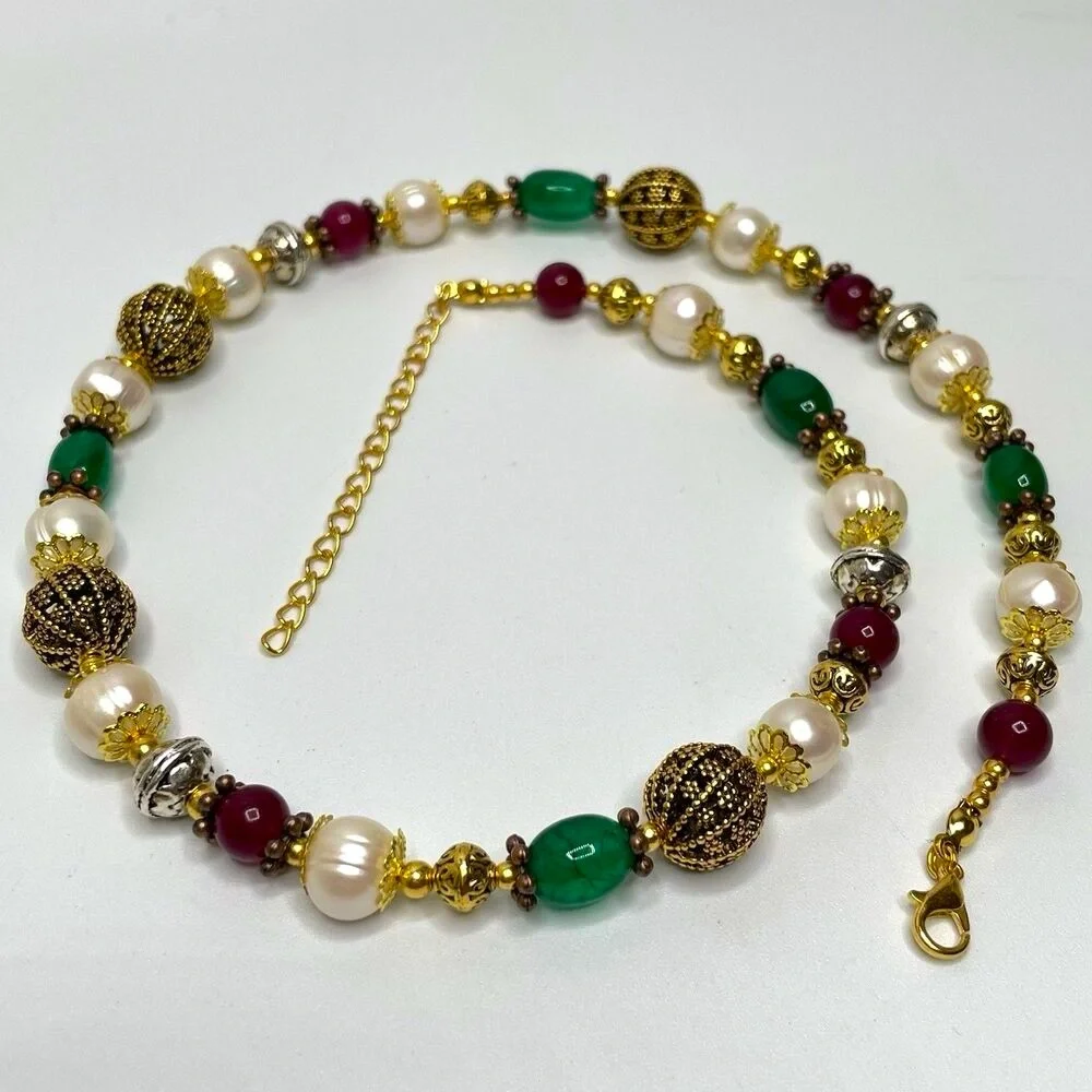 Stunning Green Red Gemstone Freshwater Pearl Beaded Necklace Gold Plated 23